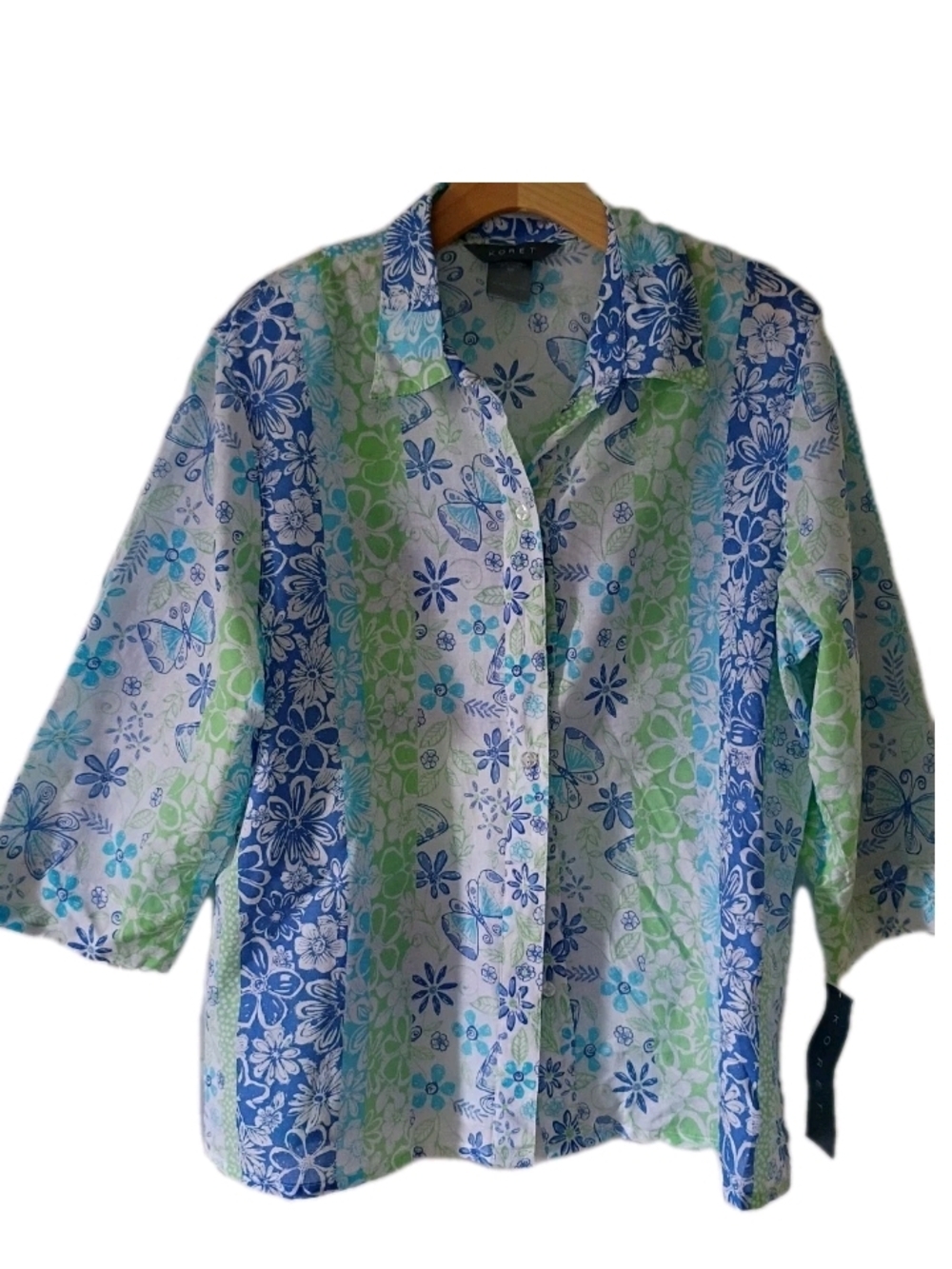 Koret Blue  100% Cotton Green White Floral Button Blouse New